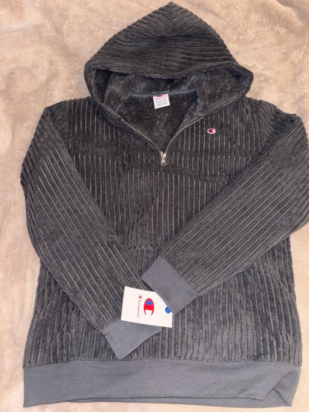 Champion Men's Charcoal Ribbed Half-Zip Hooded Pullover